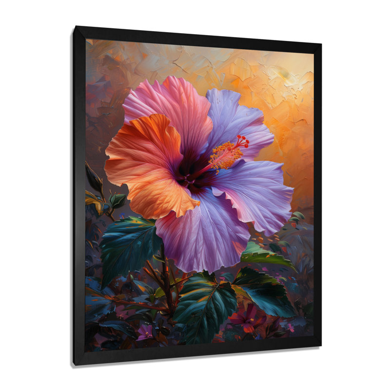 Décoration murale hibiscus rose, orange, coucher de soleil tropical, Cadre simple noir, H 24 po x l 32 po