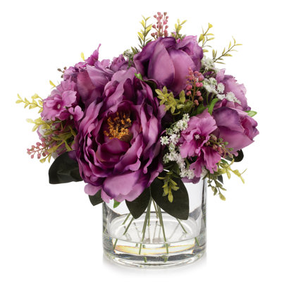 Artificial Peony Flower Arrangement In Glass Vase With Faux Water (purple)