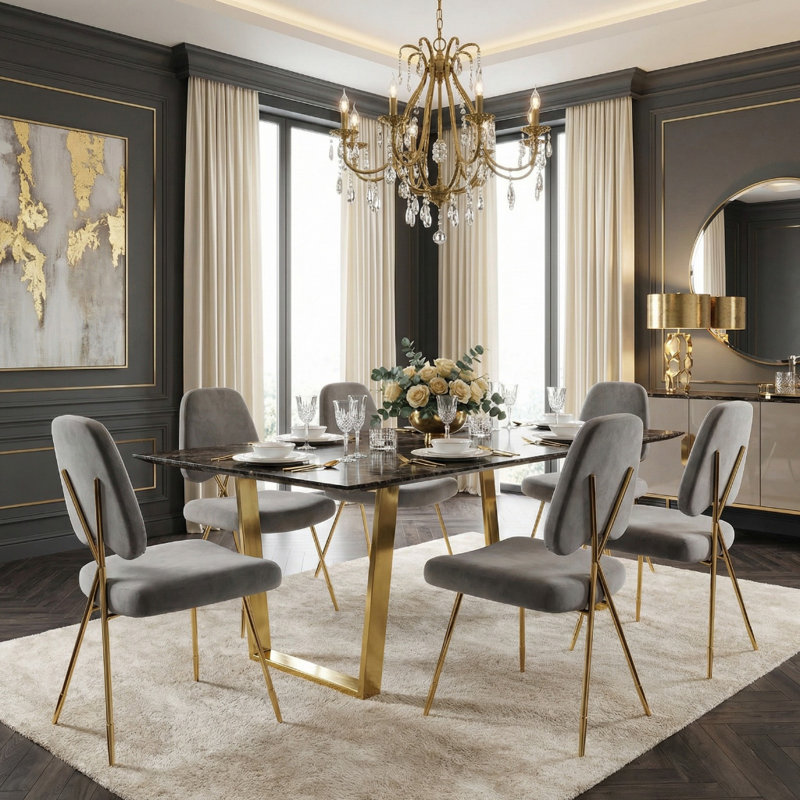 Motilal Rectangular Faux Marble Top Dining Table with Steel Base, 75"H x 180"L x 90"W, Brown, Gold