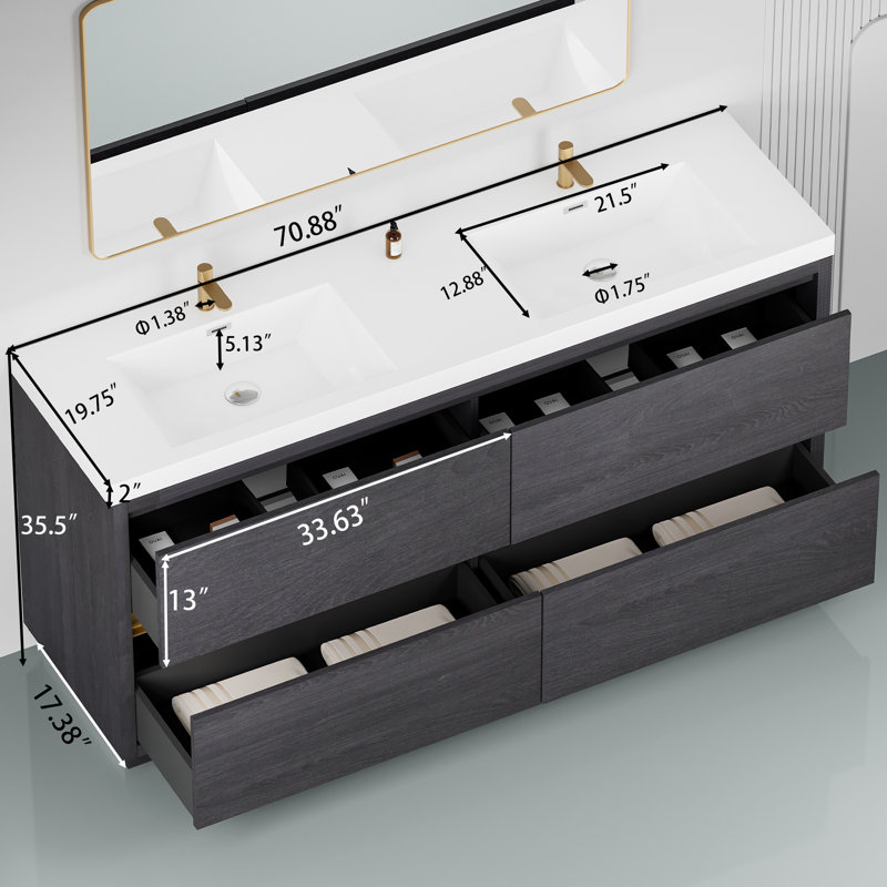 Meuble-lavabo autoportant avec comptoir à double surface en blanc pour salle de bain, Noir, noir, noir, noir, 72"