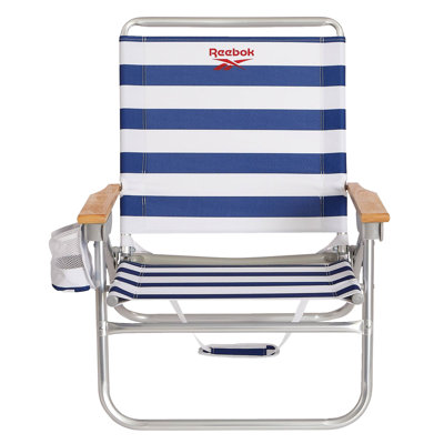  4-Position Reclining Beach Chair, Blue & White Cabana Stripe Folding Beach Chair with Wooden Armrests, Cup Holder & Storage Pocket, Portable Outdoor Chair