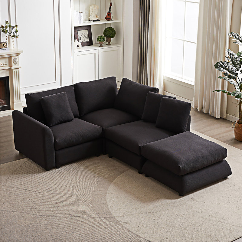 Canapé modulaire avec repose-pieds et trois coussins, Noir