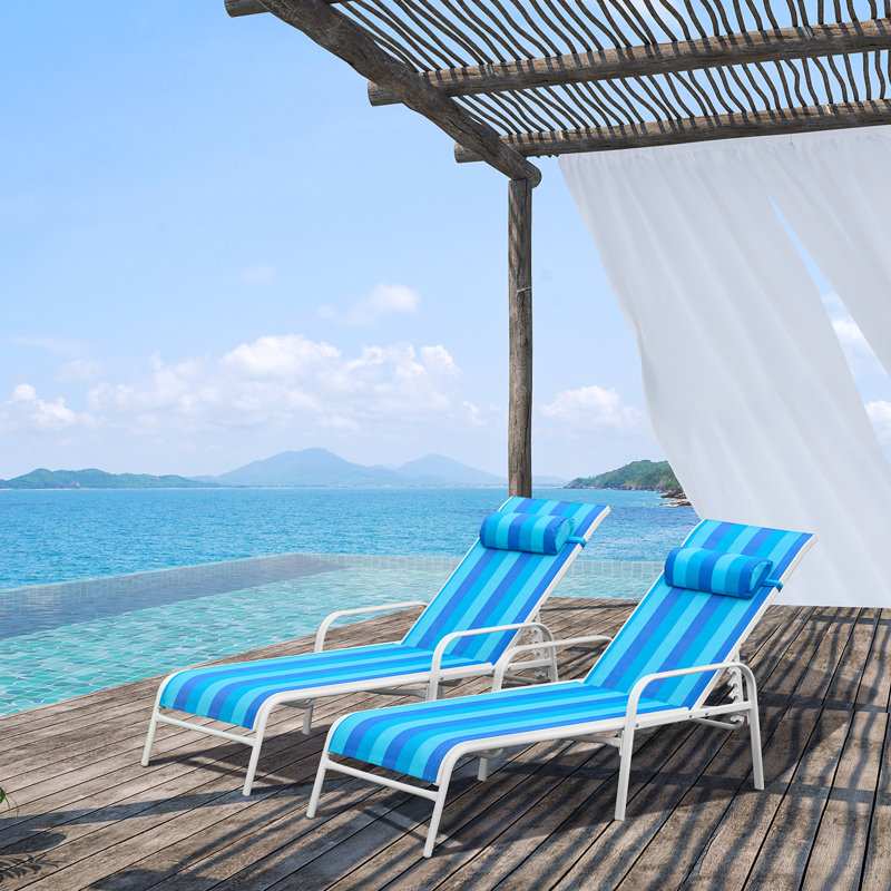 Chaise longue de patio avec appui-tête et dossier inclinable réglable, Bleu / blanc