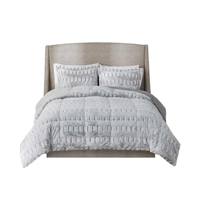 Édredon très grand / très grand gris - Fourrure longue à texture douce et décontractée, King Comforter + 2 Shams