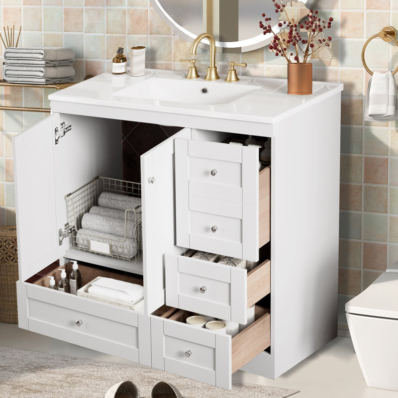 36" Free-Standing Bathroom Vanity Cabinet With Ceramic Sink,Bathroom Storage Cabinet,White, White