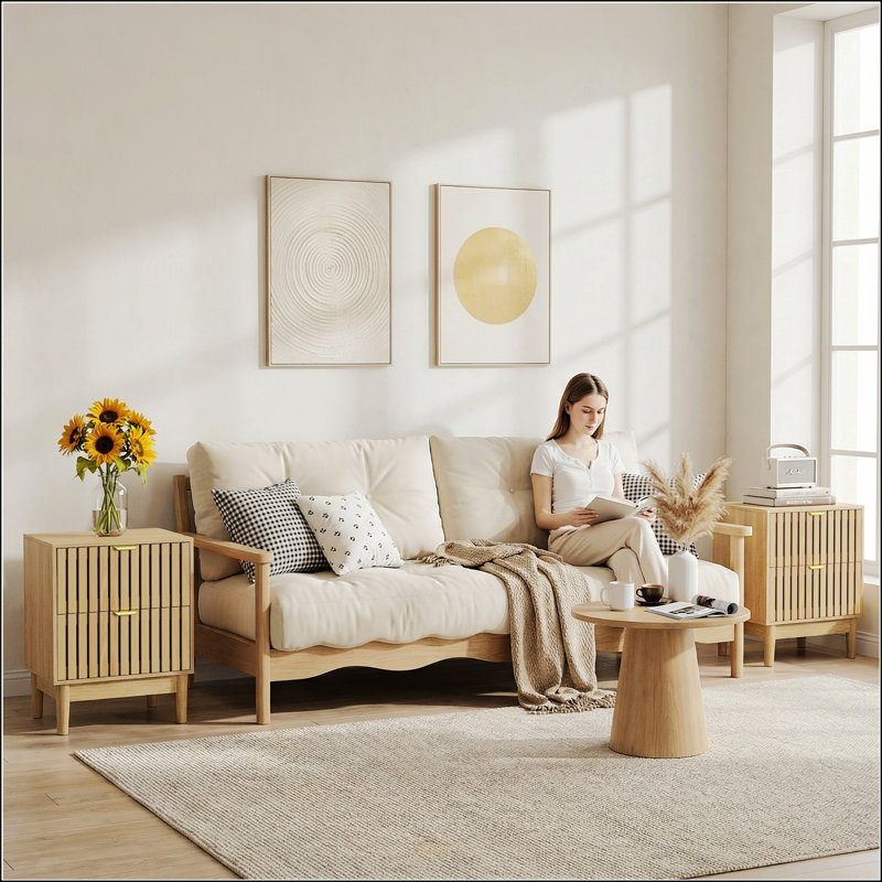 Mid-Modern Style Oak Bedside Table With Grille Design And Two Drawers, Perfect For Bedrooms And Living Spaces