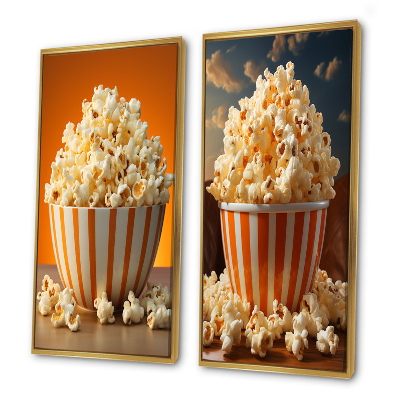 Golden Era Cinéma Popcorn Bowl - Ensemble de 2 impressions sur toile Popcorn, H 32 po x l 33 po, Cadre flottant doré
