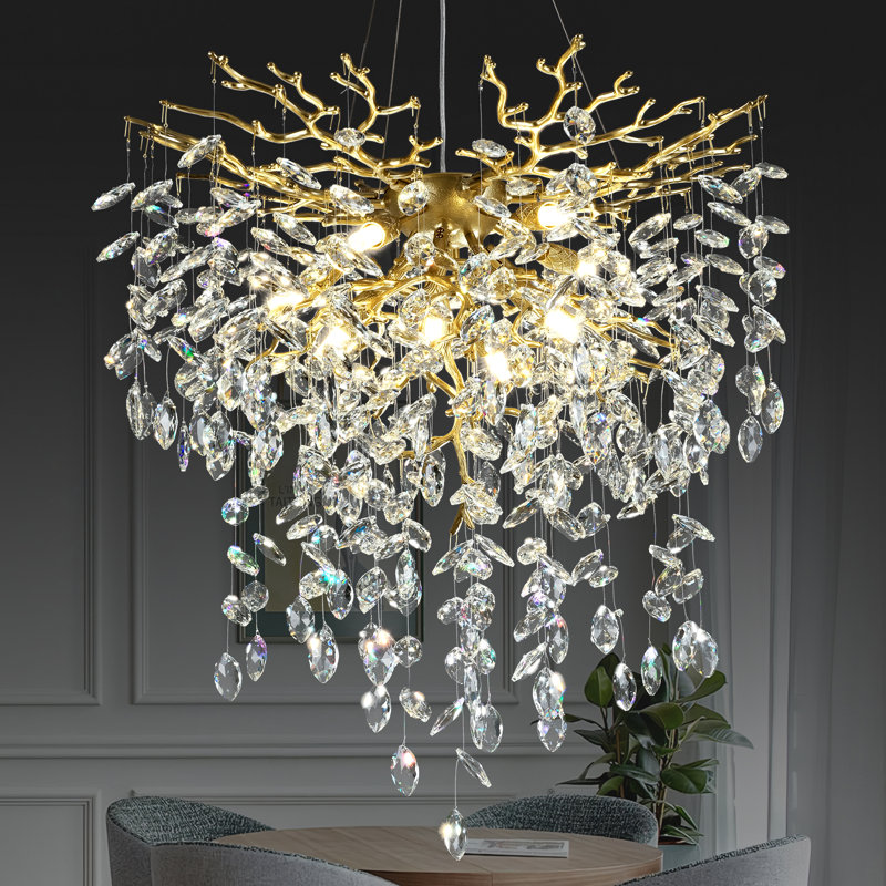 Dimmable K9 Crystal Round Tree Branches Chandeliers with Crystal Accents, Gold, 29.5" H x 21.6" W x 21.6" D