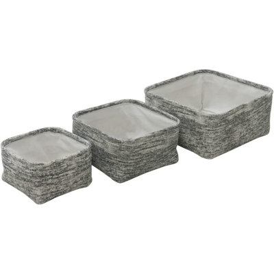 MantraRaj 3Pc Square Textile Fabric Storage Baskets Decorative Square Baskets For Home Decor (Grey)