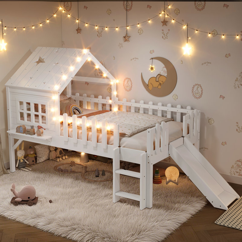 Twin Size House Loft Bed with Slide, Playhouse Loft Bed Star Moon Roof LED Lights Window Ladder Safety Rails No Box Spring,White
