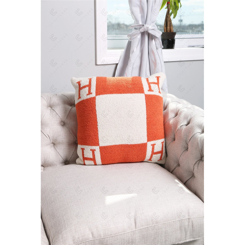 Initial "H" Luxury Soft Cushion Cover - ORANGE, Orange/White
