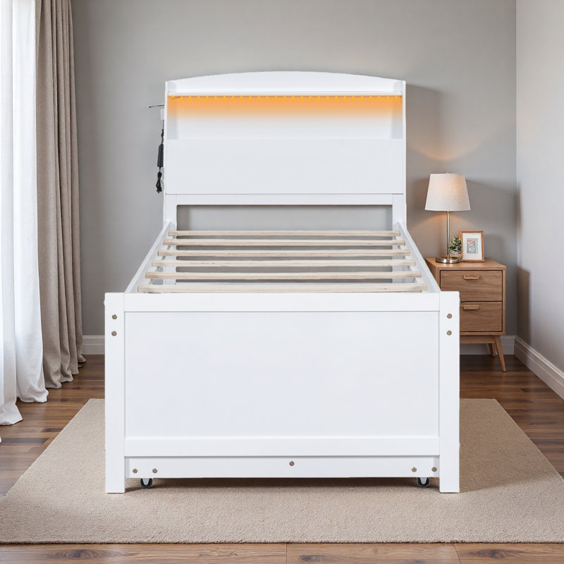 Lit plateforme avec tête de lit à DEL avec rangement, lit gigogne simple et 3 tiroirs, Lit simple