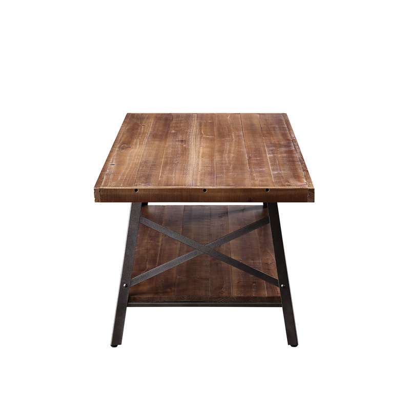 Table d'appoint avec finition vieillie, pieds en métal en forme de « X », tablette ouverte, charge maximale de 32 kg, plateau en pin de 18 mm d'épaisseur, finition chêne et noir sable, base, compartiment de rangement, largeur 122 cm