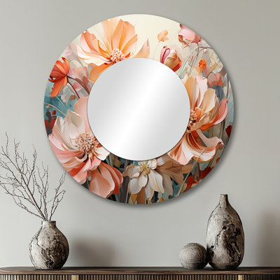Chebanse Coral Petal Symphony I - Botanicals Wall Mirror, Modern Round Decorative Mirror, Printed Metal Art