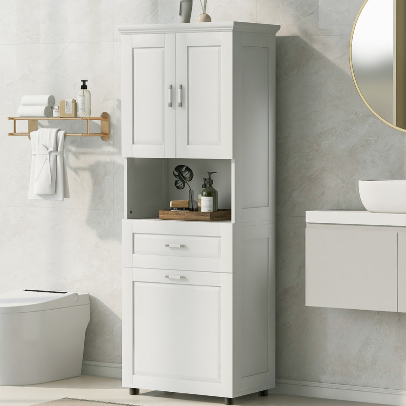 Armoire de salle de bain avec panier à linge, grand panier à linge inclinable et armoire de rangement supérieure, Blanc