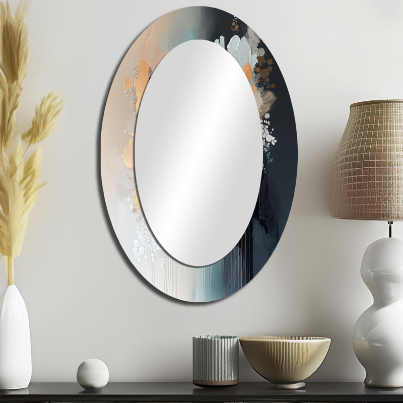 White And Gold Brushstroke Abstract Painting II - White Oval Wall Mirror Decor, 36" x 24"
