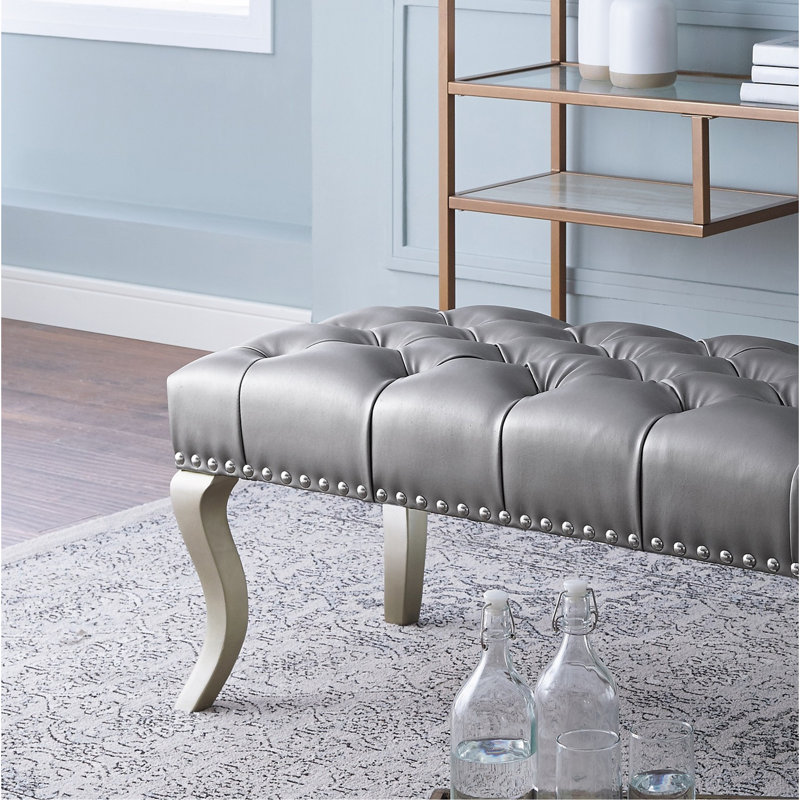 Tufted Fabric Upholstered Bench with Nailhead Trim, Argent, Argent