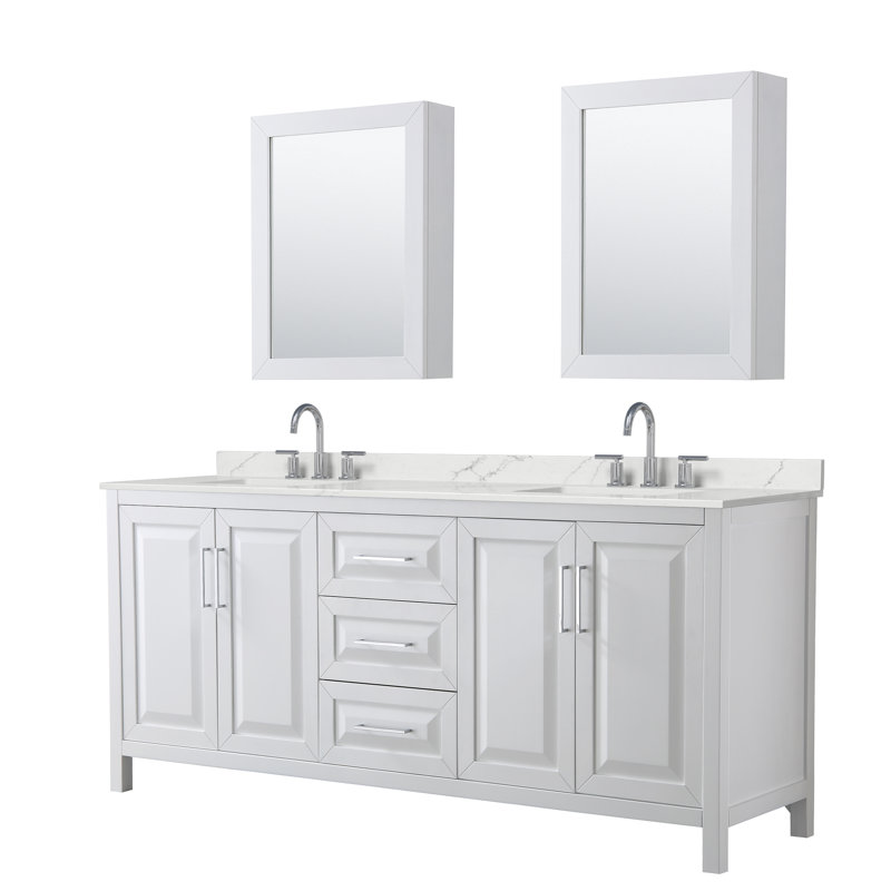 Ensemble de meuble-lavabo double 80 po avec dessus en quartz et miroir Daria, Chrome poli, Blanc, Giotto Quartz