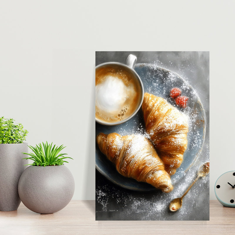 Morning Croissants And Coffee, art mural rustique contemporain, 18" H x 12" W