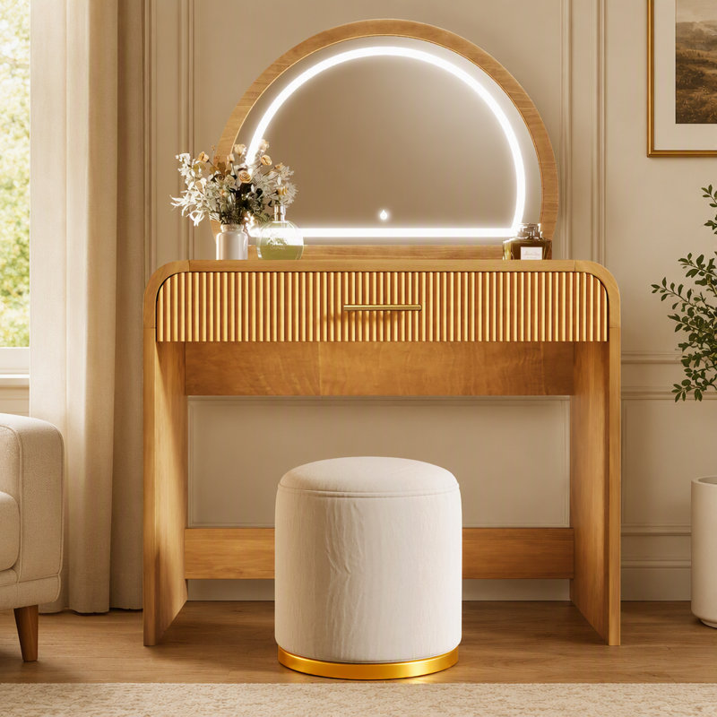 Coiffeuse lumineuse DEL de 99 cm (39 pouces) avec écran tactile, bois naturel et verre trempé, idéale pour les chambres modernes.