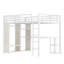 Structure de lit mezzanine grand format avec garde-robe intégrée, lit mezzanine en métal avec bureau et tablettes de rangement, grain de bois blanc