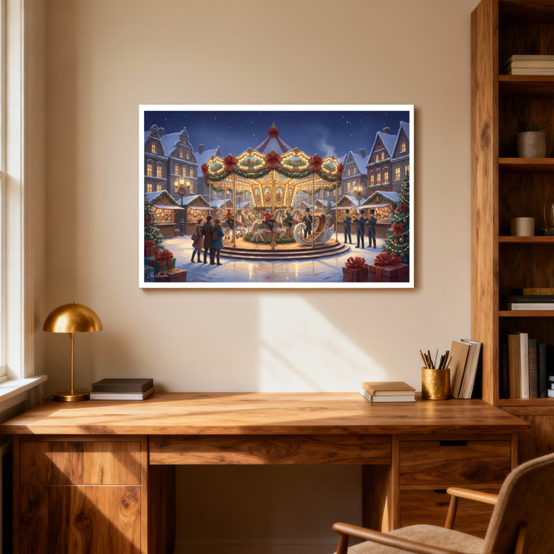 Christmas Christmas Carousel Night Scene Winter Town, 12" H x 18" W