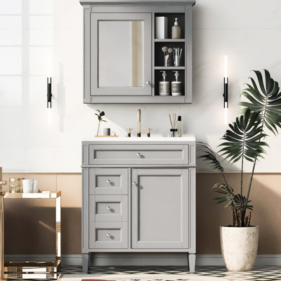 Meuble-lavabo autoportant moderne avec rangement - Miroir et tiroirs pour armoire pratique Three Basin Spacieux