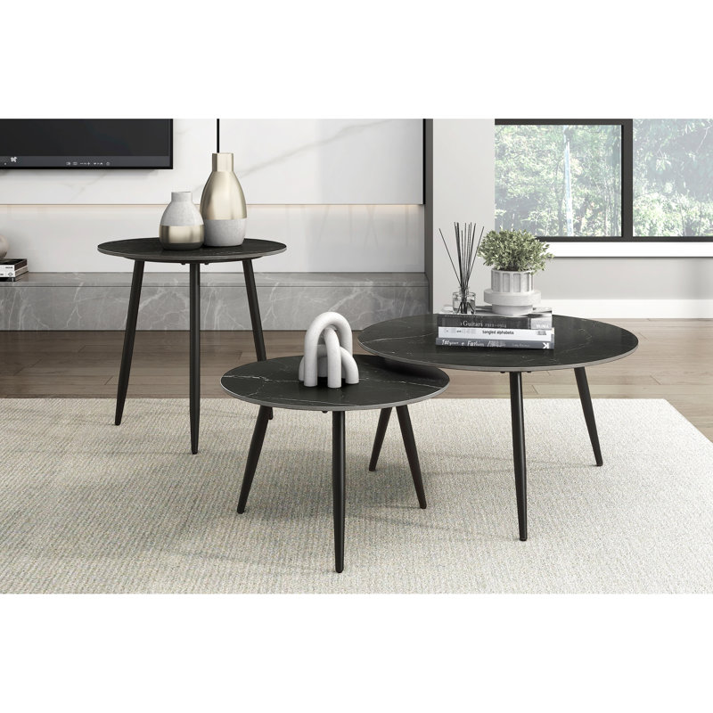 Pieds en métal modernes et plateau en pierre frittée noire, 3 tables d'appoint de style avec soutien distinctif