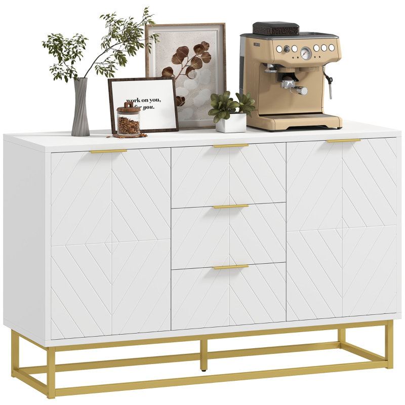 White Sideboard with 3 Drawers & Adjustable Shelves, Modern Storage Cabinet for Living Room