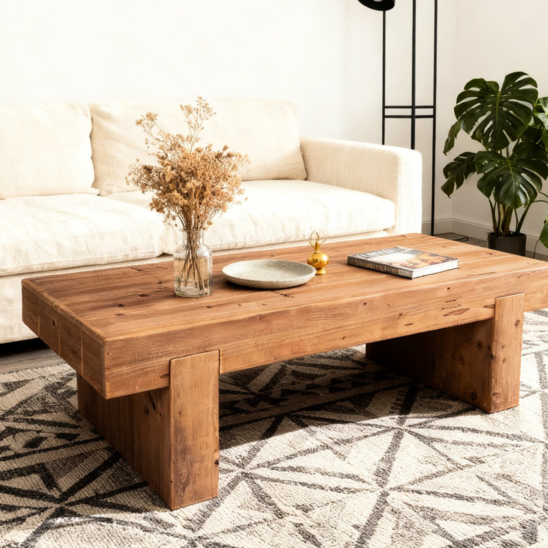 Table basse en bois massif avec pieds en forme de H, profondeur de 46,65 po, idéale pour l'organisation de salon, table rustique naturelle, largeur de 20,31 po, décorations idéales