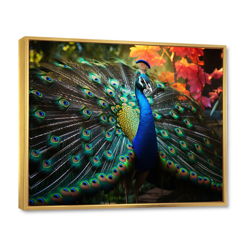 Bleu bleu sarcelle, art indien dansant le paon - Art mural indien, H 34 po x l 44 po x P 1,5 po, Cadre flottant doré
