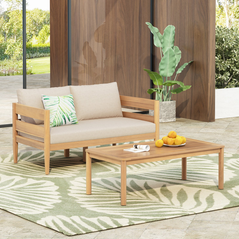 Ensemble de causeuse et de table basse d'extérieur en acacia Avery avec coussins hydrofuges, Beige, Teck clair
