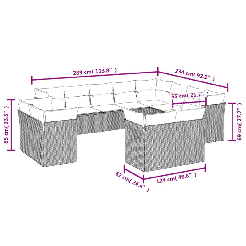 Ensemble de canapé de patio 13 pièces avec coussins en rotin de polyester brun