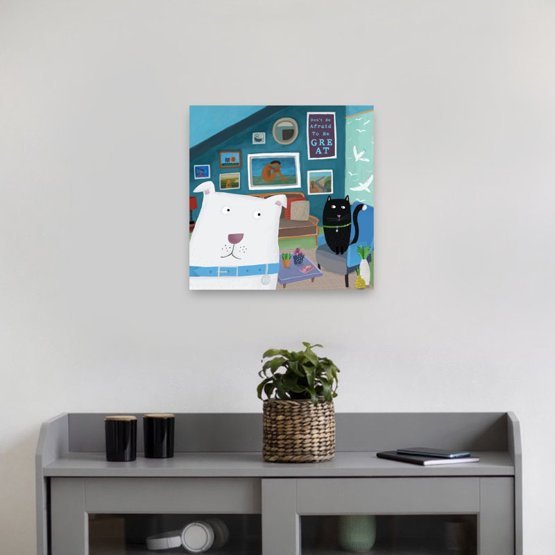Cozy Dog Cat Home Playful Contemporary Bird Cat Dog Architecture Wall Art Print by Carla Daly - Wrapped Canvas Print
