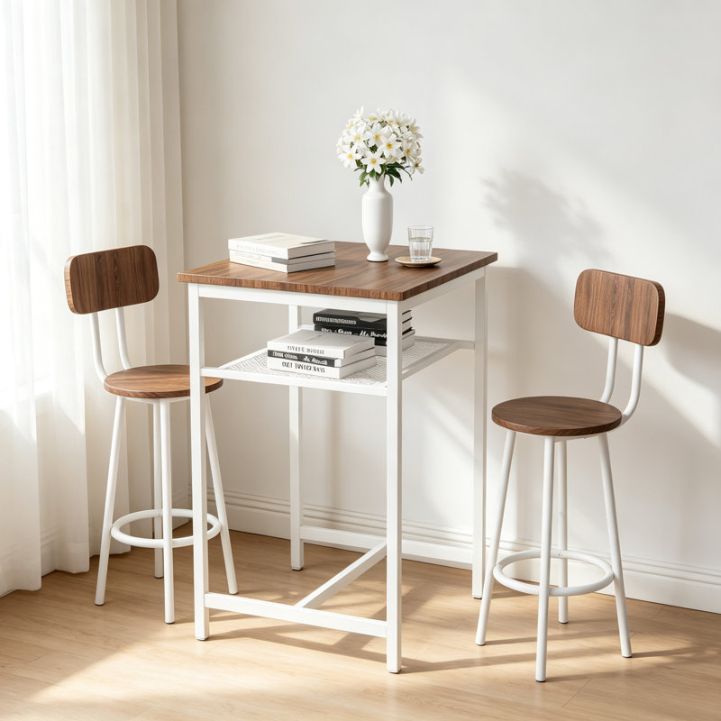 Table de bar, équipée de 2 tabourets de bar, avec dossier et cloison, Beige brown