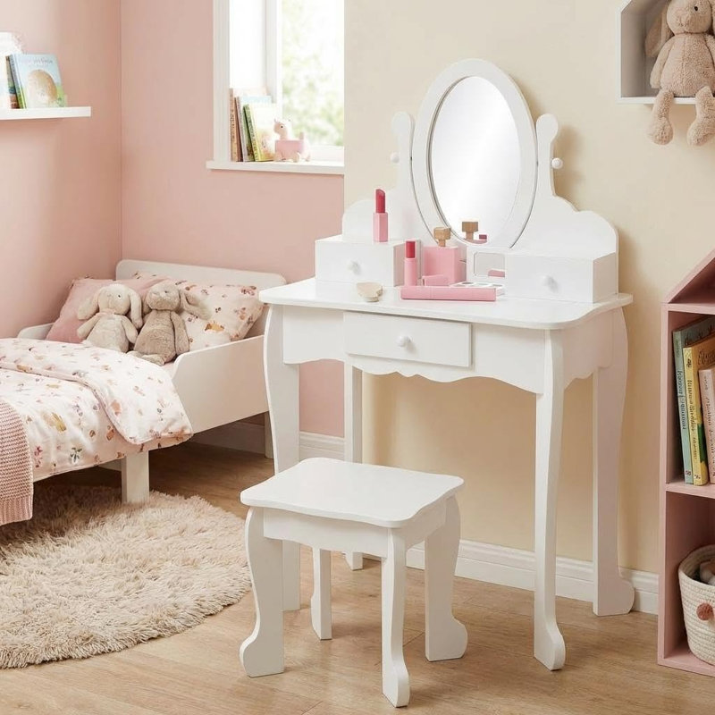 Kids Vanity Set with Mirror & Stool, Wooden Princess Makeup Dressing Table with Drawer and Chair for Girls Ages 4-9, Perfect Pretend Play Vanity for Toddlers, White