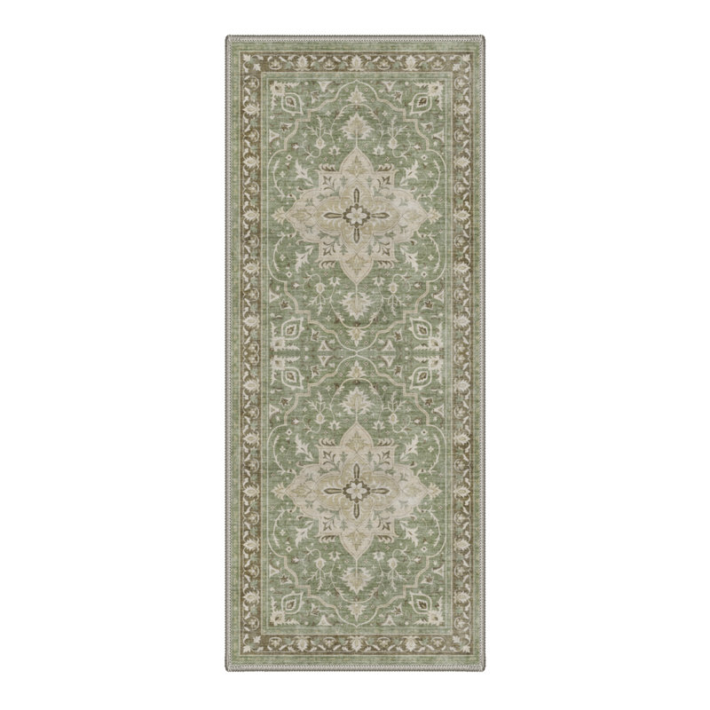 Seraphina Traditional Green / Brown Indoor Floral Area Rug,Machine Washable,with Non-Slip Backing