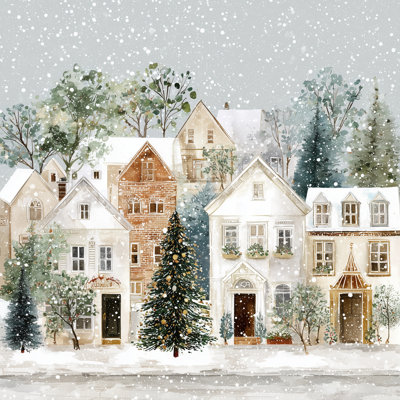 Snowy Village Houses with Christmas Tree Wrapped Canvas Wall Art