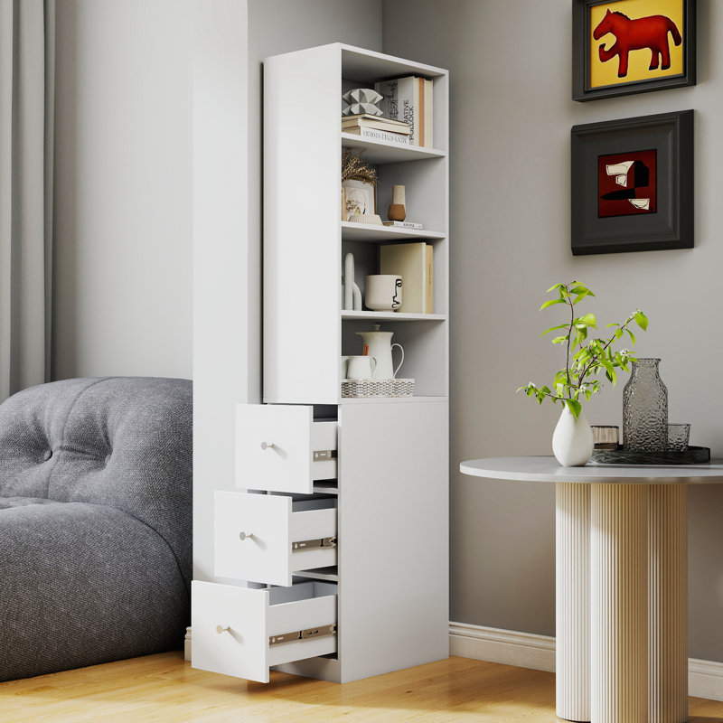 Vitrine, étagère à 4 niveaux, 3 tiroirs latéraux, Blanc