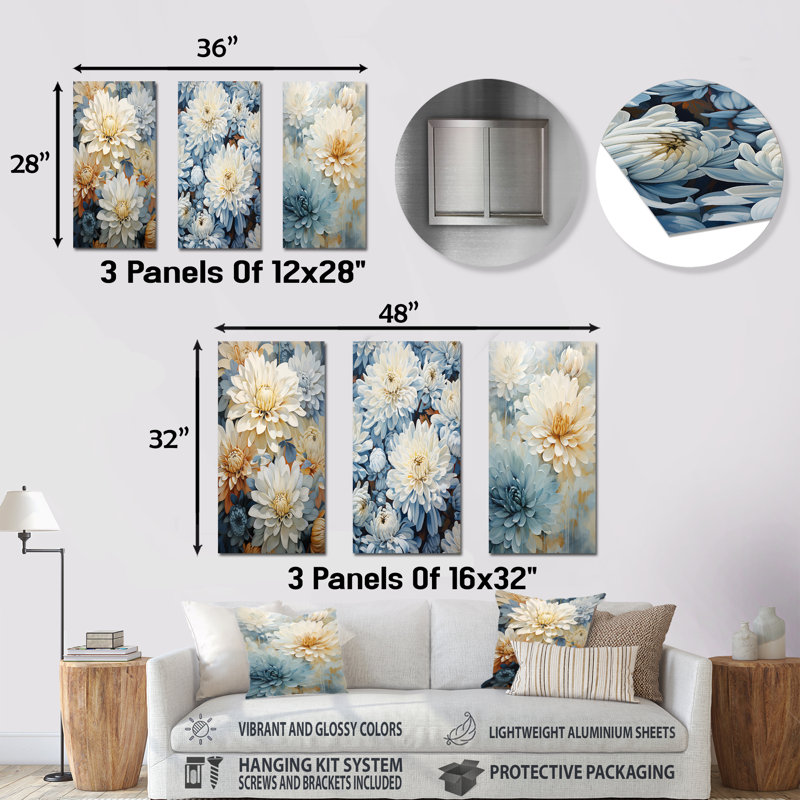 Blooming Mums, peinture en beige et bleu - ensemble de 3 impressions murales en métal «Mums», H 28 po x l 36 po