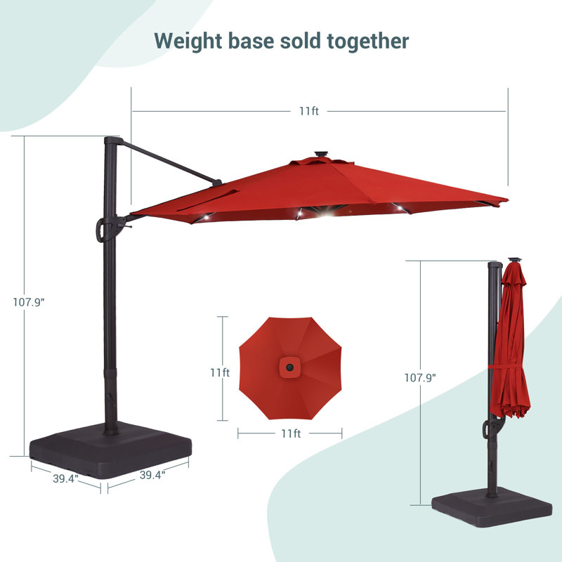 11Ft Large Lighted Cantilever Umbrella with Base, Orange Red