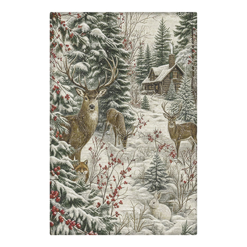 Tapis de salon lavable à poils ras, motif animaux de Noël : cerfs et chalet enneigés, gris et vert, Rectangulaire 2 pi x 3 pi