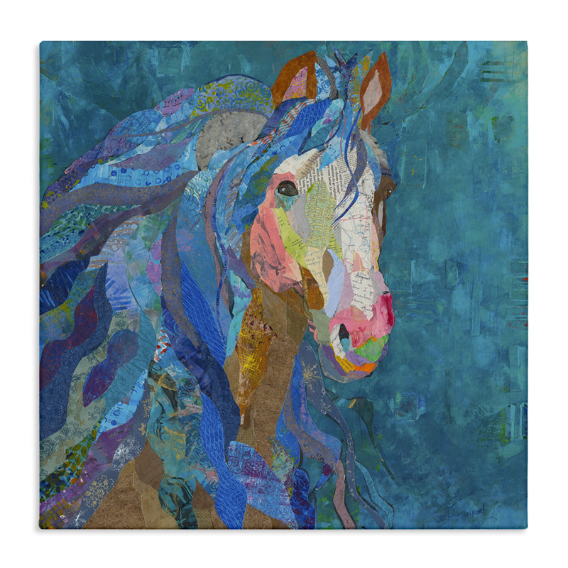 «Blue Collage Pegasus», art mural sur toile par Violet Davenport, H 36 po x l 36 po
