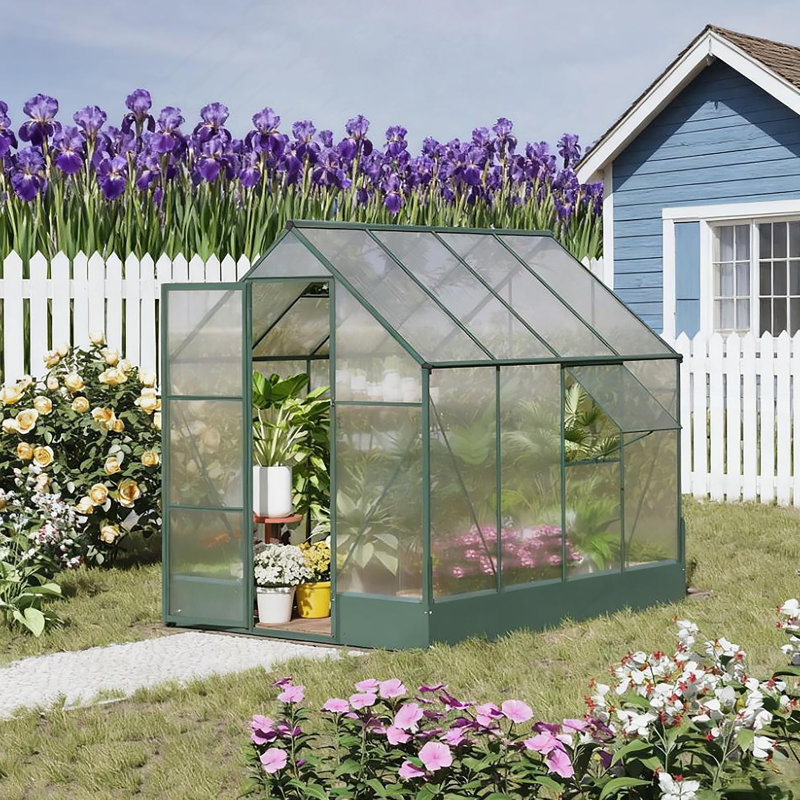 Serre en polycarbonate de 8 pi x 6 pi avec évent de toit et gouttière, Vert, H 86,4 po x l 74,4 po x P 98,4 po