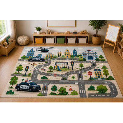 Tapis d'intérieur « Ultra Fin » 152 x 213 cm, motif poste de police, à poils courts et doux, avec envers antidérapant en silicone, idéal pour chambre d'enfant ou salle de jeux, gris.
