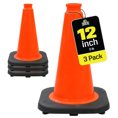 Boen 12 in, Orange Traffic Cone, 3-Pack, High-Visibility Safety Cones with Heavy-Duty Base for Sports Drills, Events & Indoor Training
