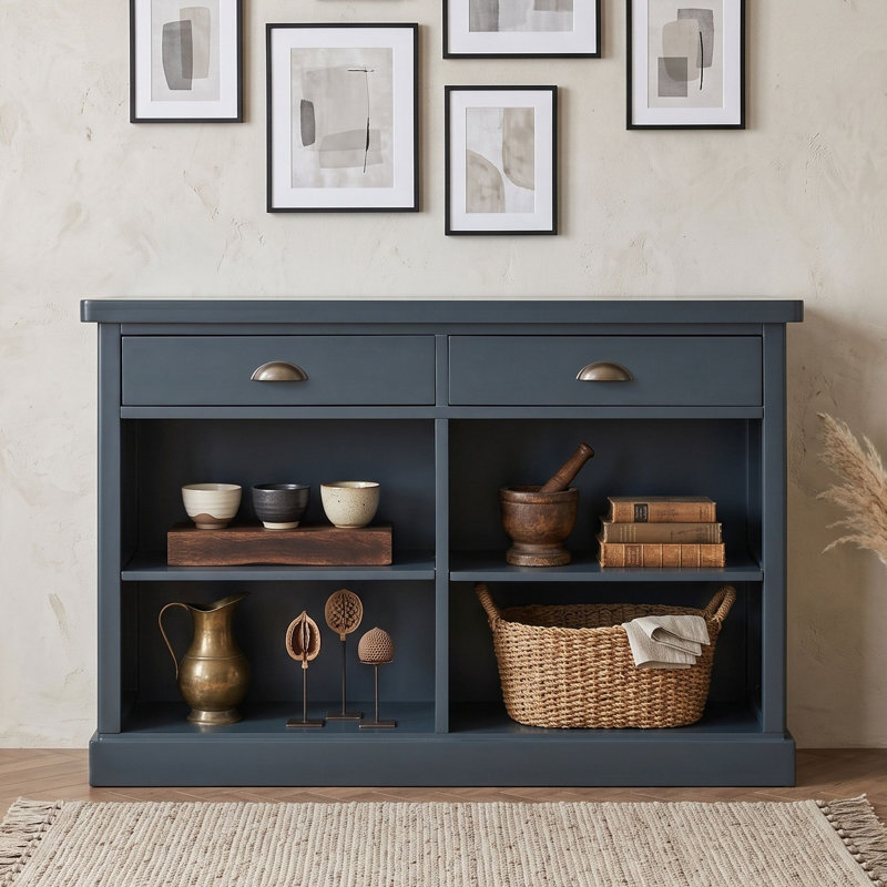 Console en bois d'acacia avec 2 tiroirs et tablettes ouvertes pour le vestibule, Navy