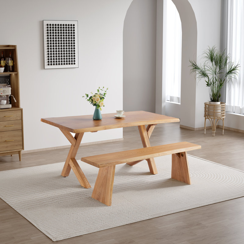63 inch Solid Elm Wood Dining Table Farmhouse Dining Table with Bench 