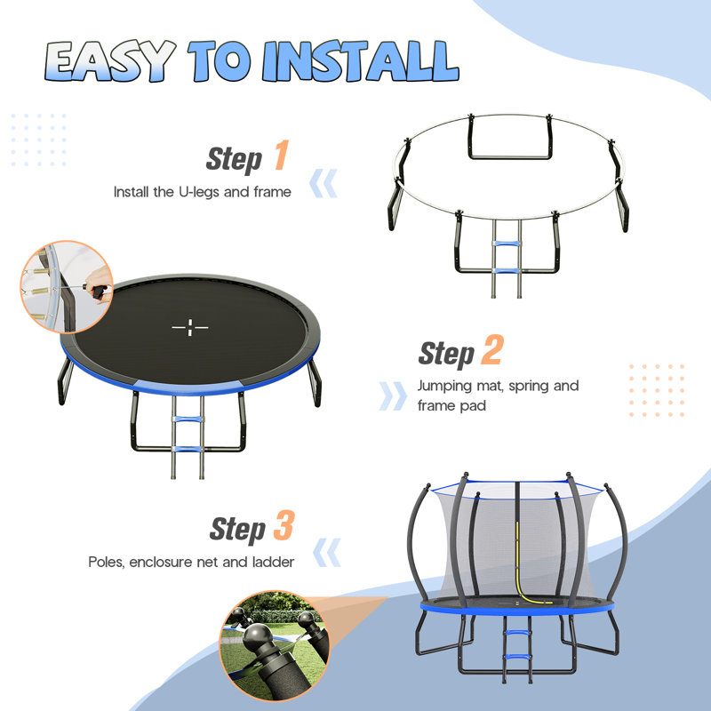 Trampoline d'extérieur de 8 pi avec filet et échelle Albott, trampolines récréatives pour enfants et adultes, cadre à connexion rapide, homologation ASTM