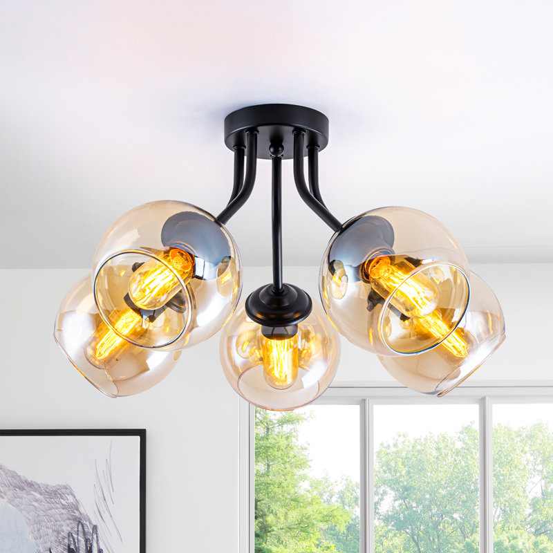 5-Light Semi Flush Mount Ceiling Light, Modern Branch Design Industrial Fixture, Matte Black Metal Frame with Amber Glass Globes, 20.5" Wide, E26 Sockets